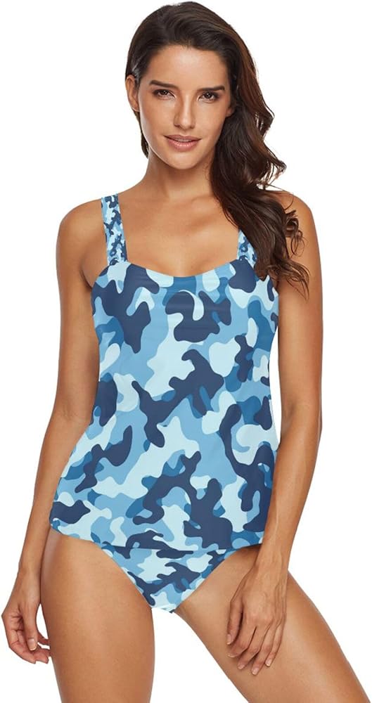 Blue Camo 2 Piece Women Tankini Swimsuit Tummy Control Sport Bathing Suit with Bikini Bottom