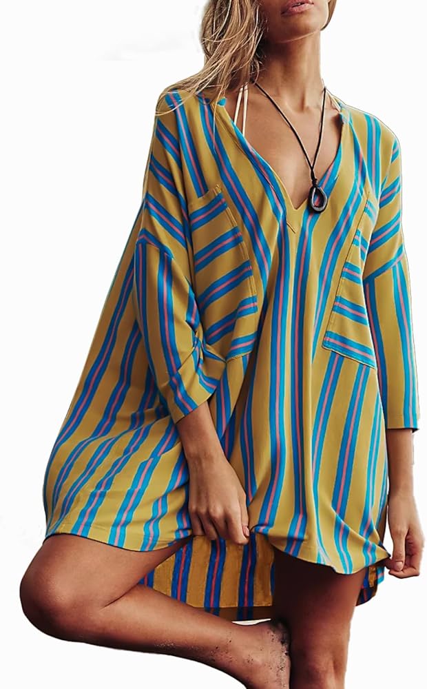 Women Swimsuit Cover Ups Oversized Color Block Stripe V Neck 3/4 Sleeve Holiday Beach Tunic Tops with Pockets