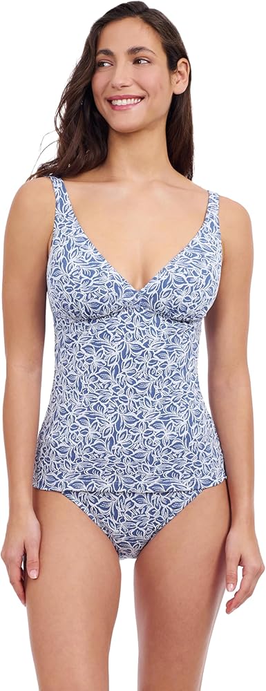 Profile by Gottex Women's Standard Plumeria Textured Jeans and White Leafy Print D Cup Tankini Bathing Suit Top Swim Essential