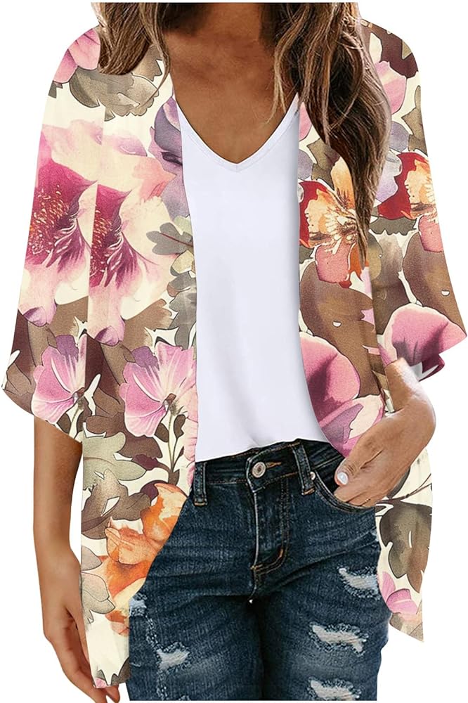 Women's Open Front Chiffon Cardigan Floral Kimonos Lightweight Loose Beach Cover Ups Boho Floral Print Swimwear Blouse