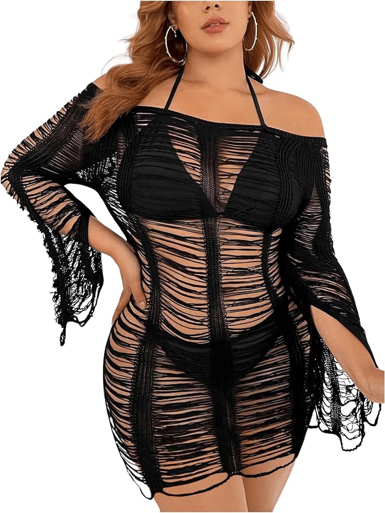 Floerns Women's Plus Size See Through Cut Out Long Sleeve Beachwear Cover Up Dress