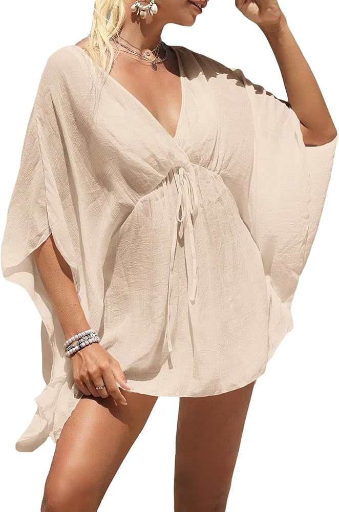 Verdusa Women's Drawstring Waist Half Sleeve Deep V Neck Loose Swimsuit Cover Up Dress