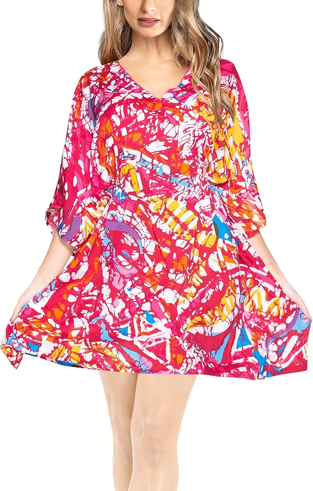 LA LEELA Women's Beachwear Summer Swim Beach Dress Cover Ups for Swimwear Women Loose Wear Swimsuit Coverups for Women M-L Crimson, Allover