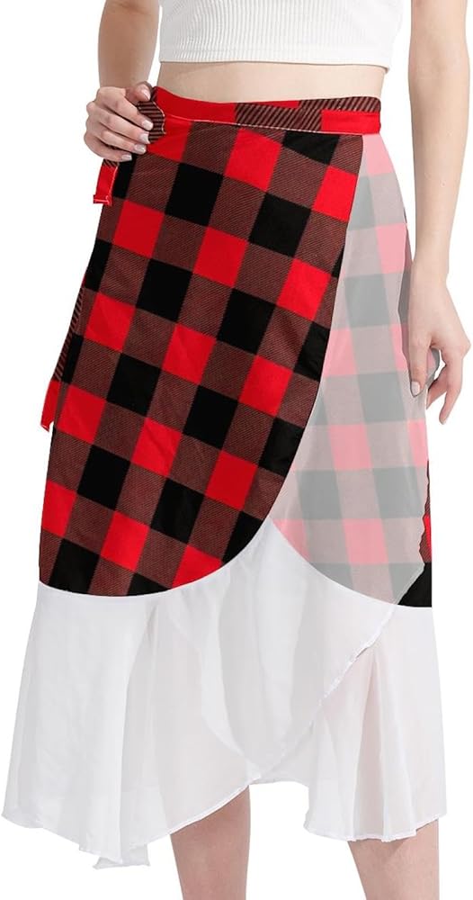 Cover Up Skirt, Women's Sarongs Beach Wrap, Chiffon Cover Ups for Swimwear, Vintage Red Black Lattice Plaid Grid