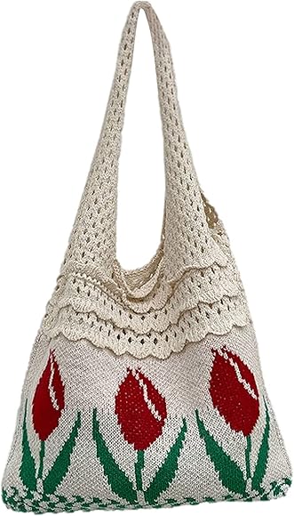 Anopo Mujer Ganchillo Bolso Tote Estética Hada Bolso Hobo Flor Bolso de Hombro Malla Bolsa de Playa Accesorios de Verano