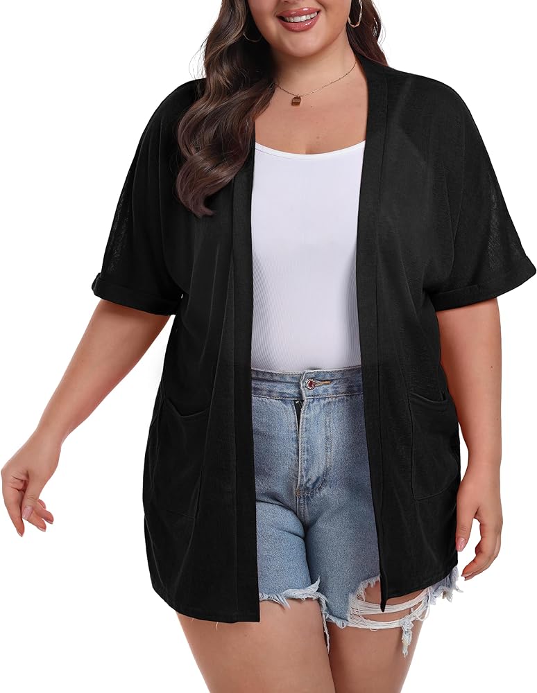 OLRIK Plus Size Cardigan For Women Summer Short Sleeve Open Front Lightweight Cardigan with Pockets Drape Beach Cover Up