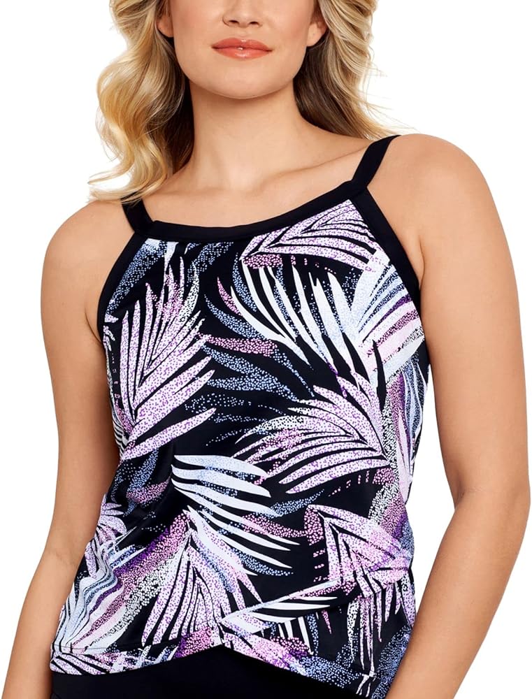 Women's Multi Color Stretch Crossover-Hem Lined Adjustable High Neck Tankini Swimsuit Top 10