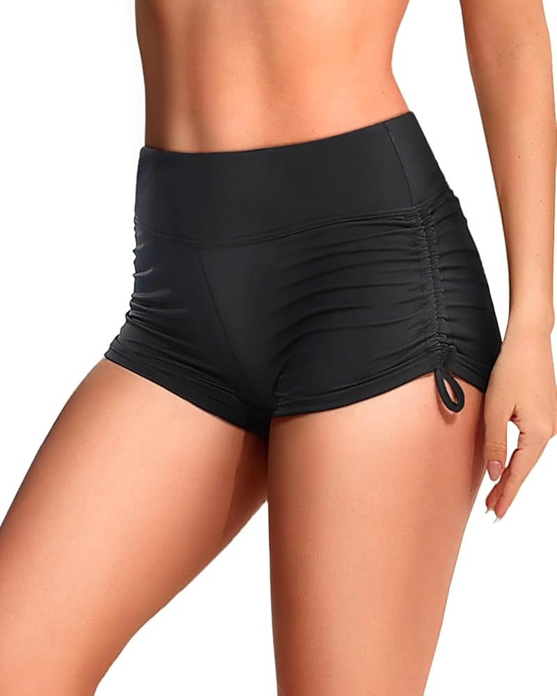 Tempt Me High Waisted Swim Shorts Bottoms - Tummy Control Adjustable Side Tie Bathing Suit Boy Shorts