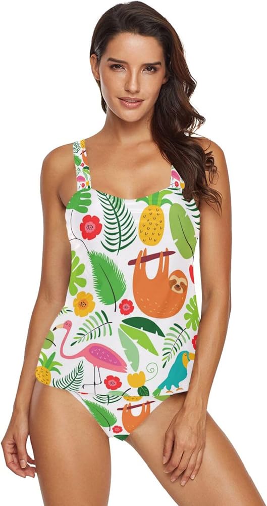 Sloth Pineapple 2 Piece Women Tankini Swimsuit Tummy Control Sport Bathing Suit with Bikini Bottom