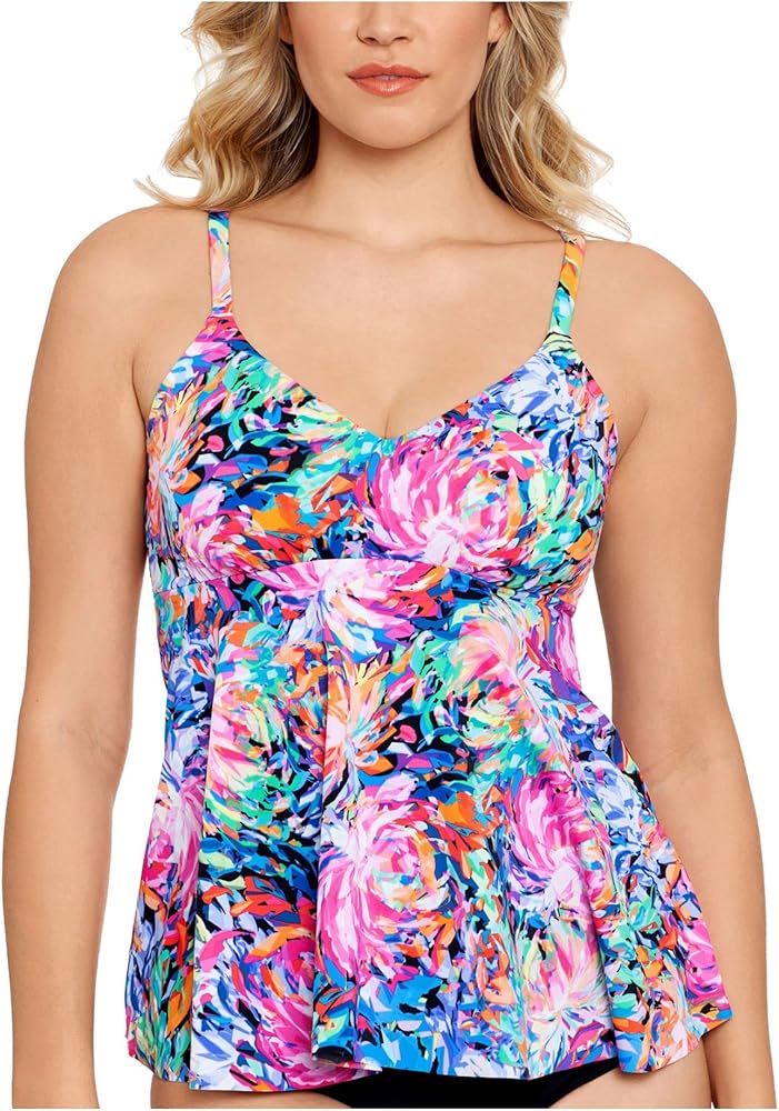 Women's Multi Color Printed Lined Stretch Deep V Neck Adjustable Underwire Tankini Swimsuit Top 8 Pink