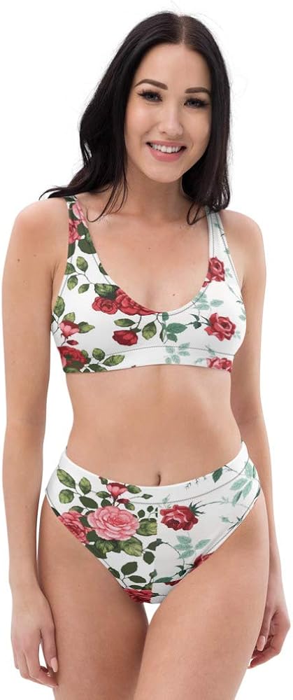 Recycled High Waisted Bikini for Women Tops Bottoms Swimsuit Bathing Suits Milky White Floral Cherry Rose Pink