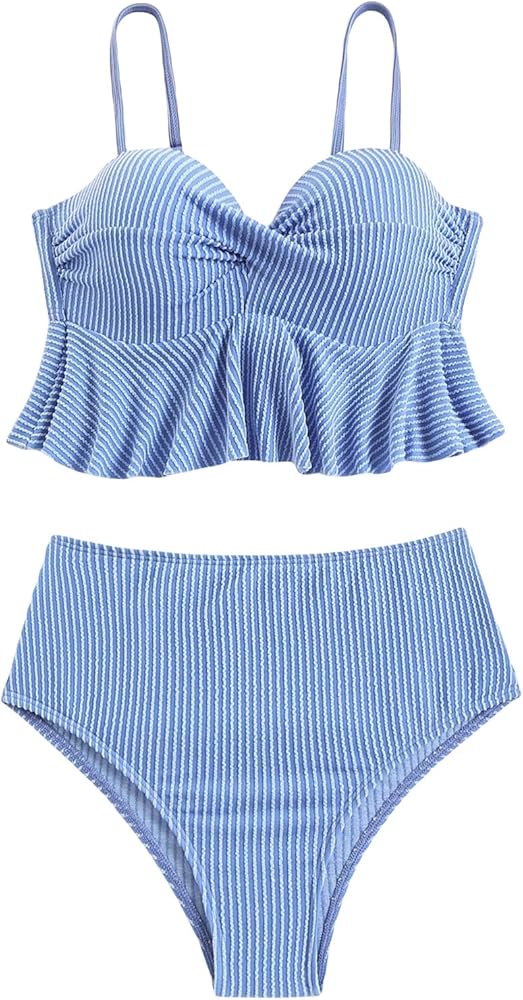 MakeMeChic Women's Striped Tankini Swimsuit Wrap Cross High Waisted Ruffled Two Piece Bathing Suit