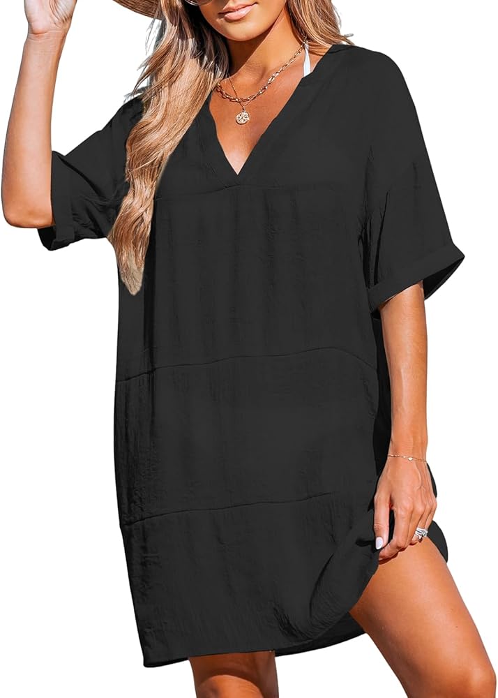 CUPSHE Womens Swimsuit Coverup Casual Beach Dress Short Sleeve V Neck Swim Cover Ups with Pockets