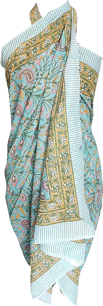 Indian Hand Block Floral Print 100 Cotton Swim Craft Beach Cover Up Pareo Bikini Cover up Women Gift for Her Blue, Large