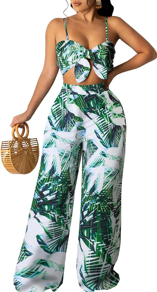 Vacation 2 Piece Outfits for Women Sexy Adjustable Spaghetti Straps Bow Knot Top Casual Floral Long Pants Set Swimwear Cover Ups with Pockets(2X-Large) Green/White