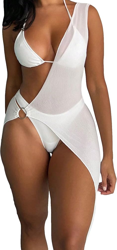 OYOANGLE Women's 3 Piece Triangle Halter Bikini Swimsuit with One Shoulder Beach Dress Cover Ups