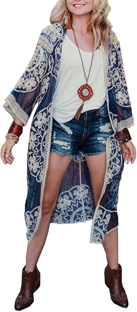 Women's Flowy Bathing Suit Lace Crochet Cardigan Beach Wear Kimono Cover Up