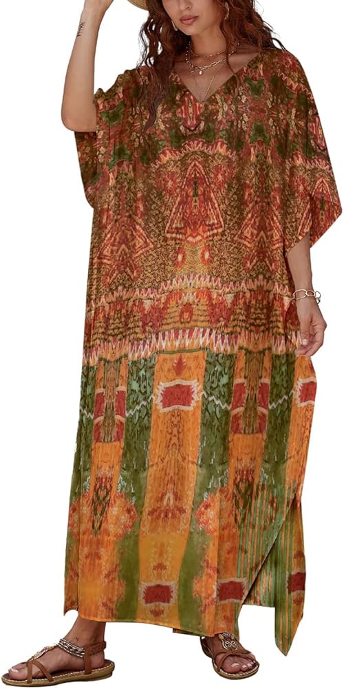 Eddoyee Kaftan Dresses for Women,V-neck Print Beach Caftan Swimsuit Cover Ups with Bow-Knot