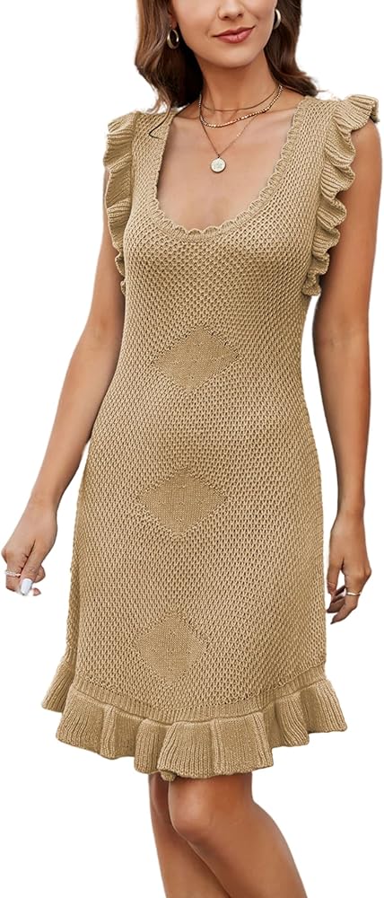 Esmeling Women’s Summer Crochet Cover Up Hollow Out Knit Ruffled Sleeveless Dress Bathing Suit Beach Dresses