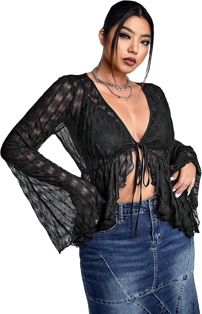 WDIRARA Women's Plus Size Tie Front Ruffle Asymmetrical Hem Flare Sleeve Sheer Top Beach Cover Up