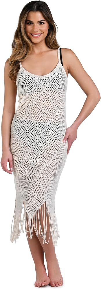 La Blanca Women's Midi Dress Swimsuit Cover Up, Natural//Crochet The Day, X-Large