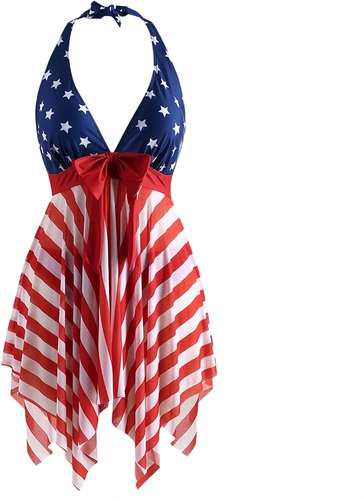 Plus Size Halter Swimsuits for Women Tankini Set Tummy Control, American Flag Stars and Strips Print Asymmetrical Hem