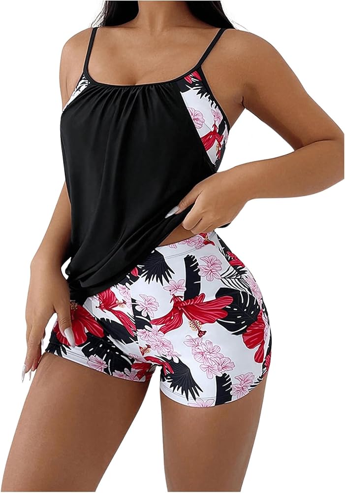 MakeMeChic Women's Plus Size 2 Piece Tankini Tropical Bathing Suit Racerback Swim Halter Top with Boyshorts Swimsuit