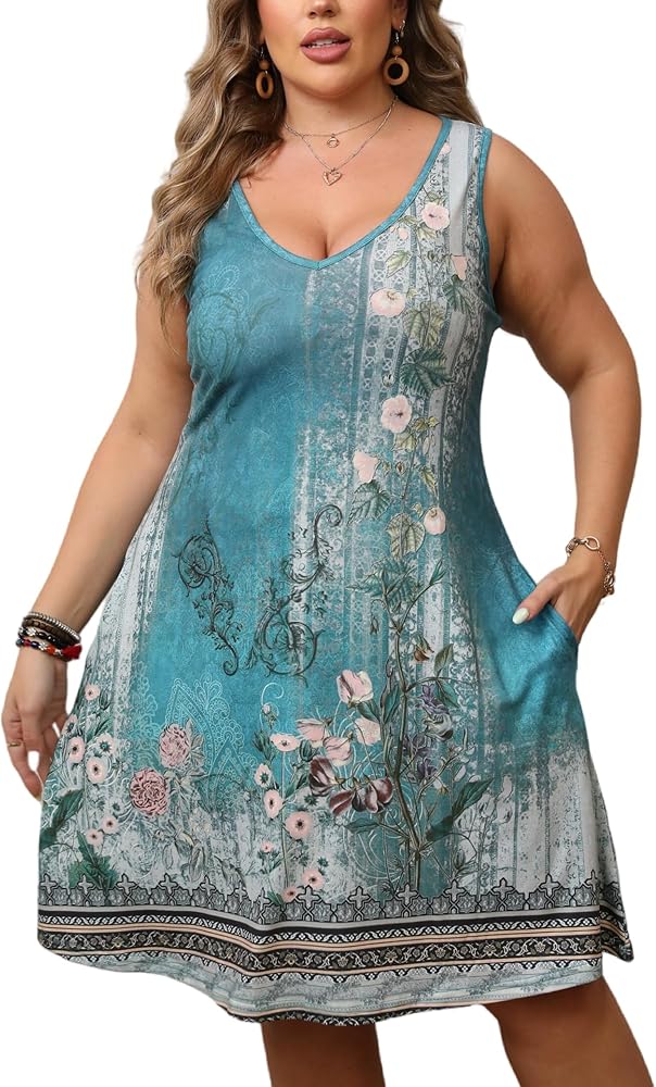 HBEYYTO Women Plus Size V Neck Sleeveless Floral Print Casual Tank Dress Beach Cover up Sundress with Pocket (XL-5X)