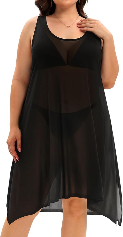 Pinup Fashion Plus Size Swimsuit Cover Up Beach Swimwear See Through Sheer Mesh Tank Dress