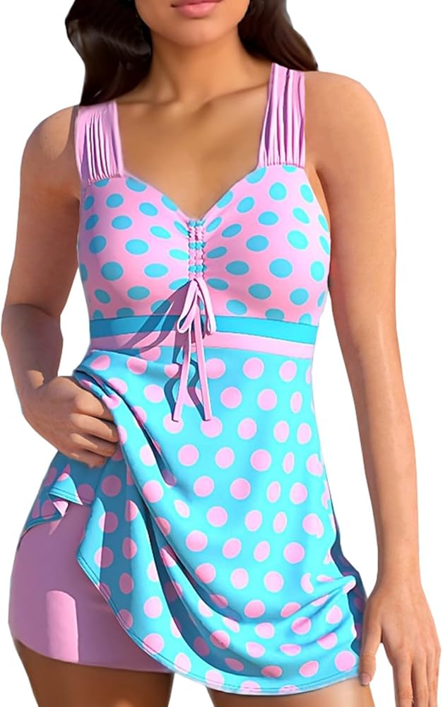 Plus Size Polka Dot Tankini Top with Shorts Beach Swimsuits Set 2 Pieces Tummy Control Hide Belly Blouson Swimsuits