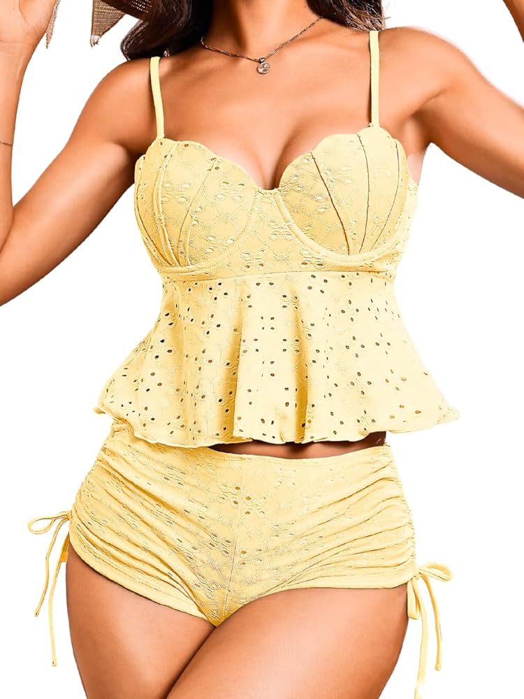 2 Piece Ruffle Tankini, High Waisted Full Coverage, Teen Girls Teens Swimsuit, Vacation Bikini Bathing Suit Sexy