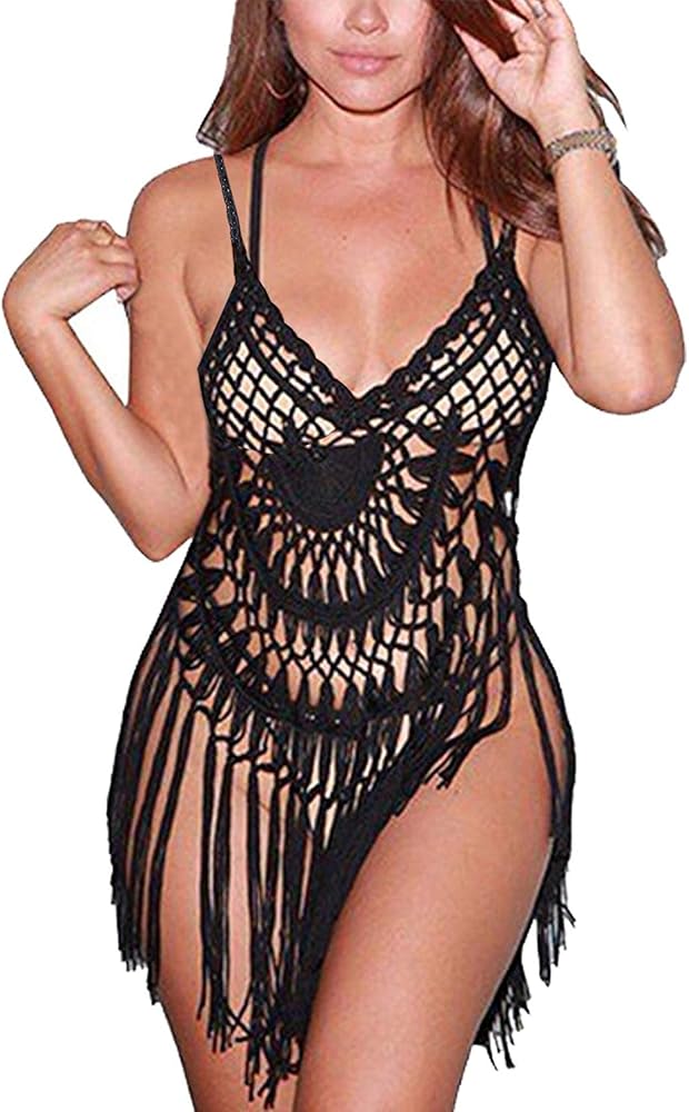 Women's Crochet Cover Ups Hollow Out Bikini Swimsuit Bathing Suit Cover Up for Pool Swimwear Tassel Beach Dress