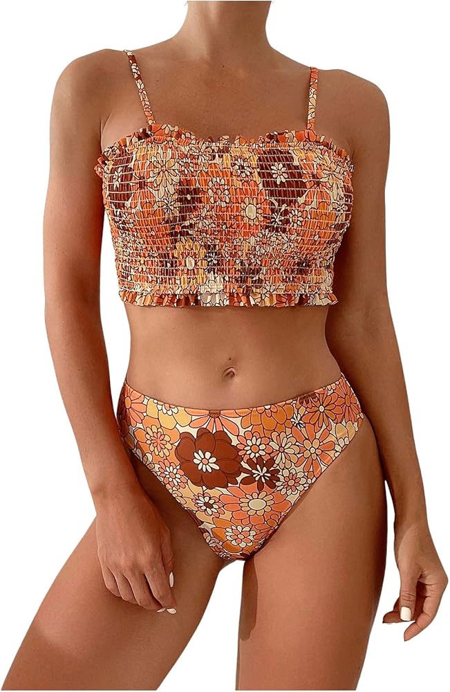 WDIRARA Women's 2 Piece Floral Smocked Cami Swimsuit High Waist Floral Bikini Set