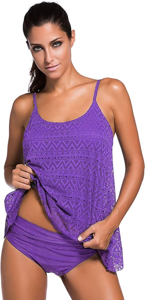 HDE Women's Lace Tankini Set Solid Color 2 Piece Bikini Swimsuit w/Briefs M-XXL