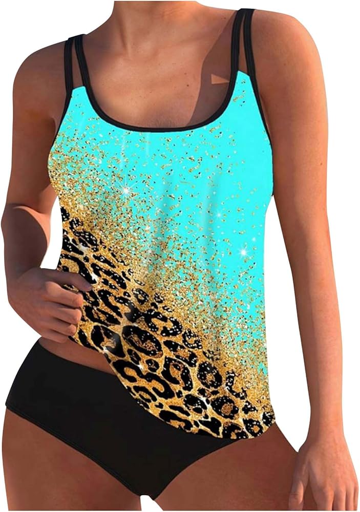 Women's Swimwear Plus Size Conservative Tankini Swimsuit Boyshorts Leopard Print Bathing Suits with Mid Waist Briefs