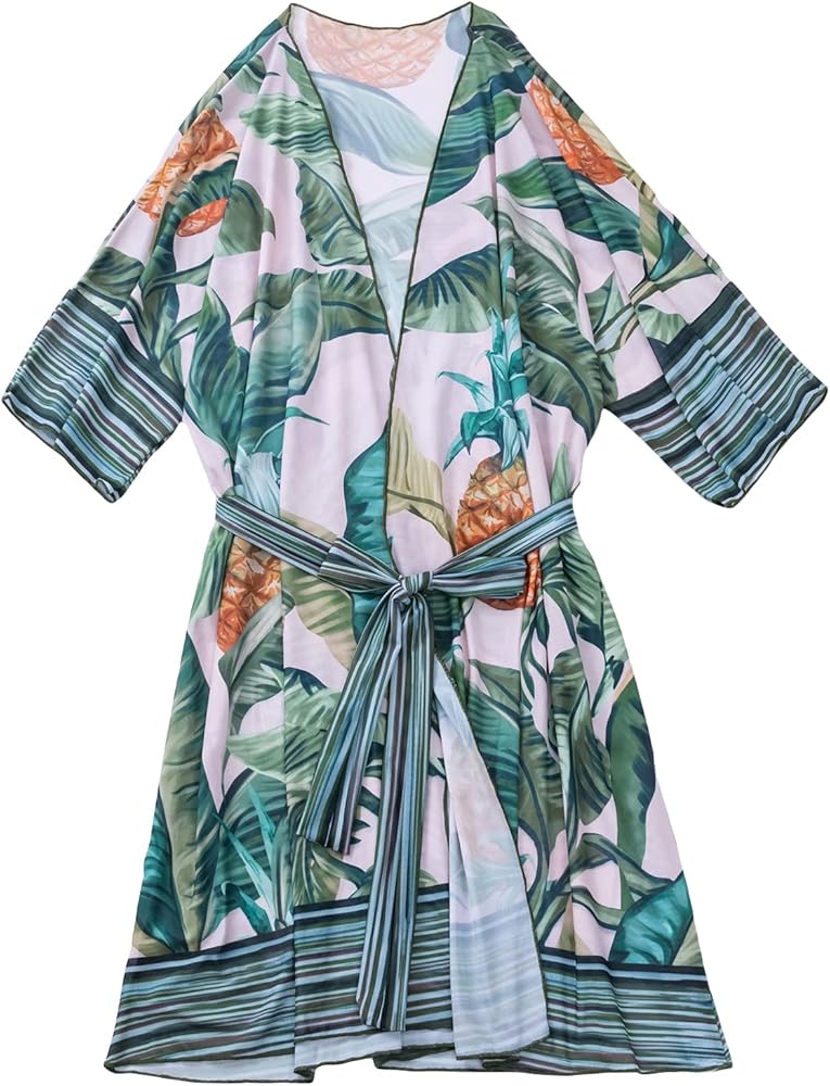 WDIRARA Women's Allover Print Mesh Long Sleeve Belted Kimono Swimsuits Beach Cover Ups