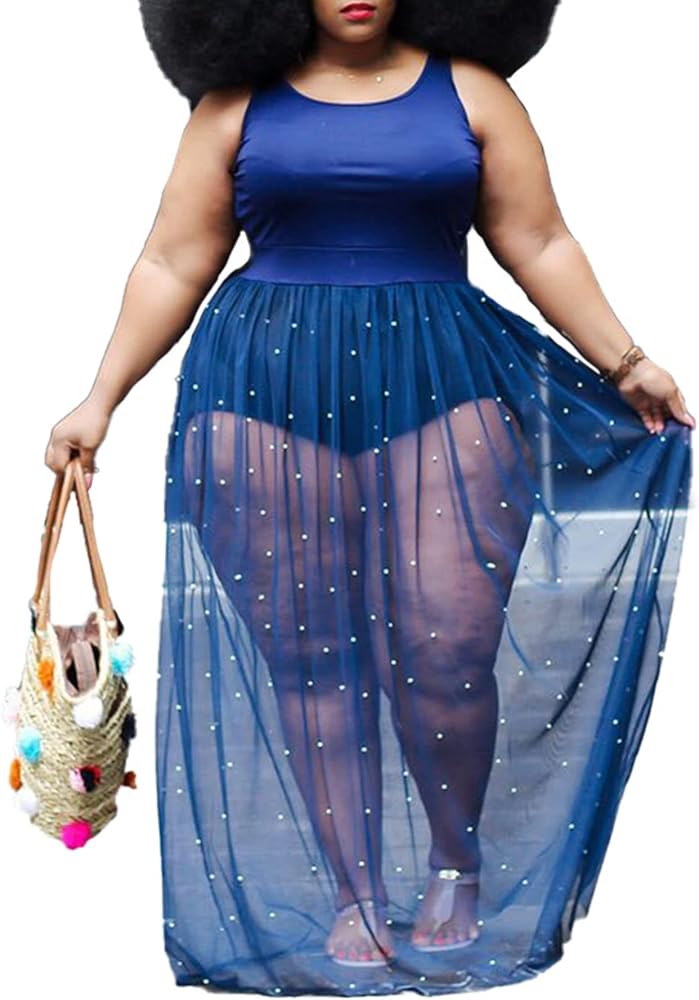 Sexy Women’s Swimwear Cover Ups Plus Size Dresses Bodycon Halter Top and Mesh Tulle Semi-Sheer Pleated Skirt