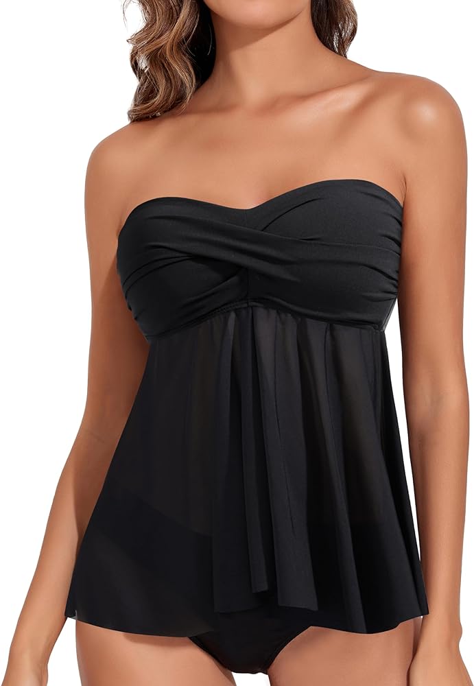 Women Bandeau Tankini Top Only Mesh Strapless Swimsuits Top Halter Flyaway Bathing Suits No Bottom Black