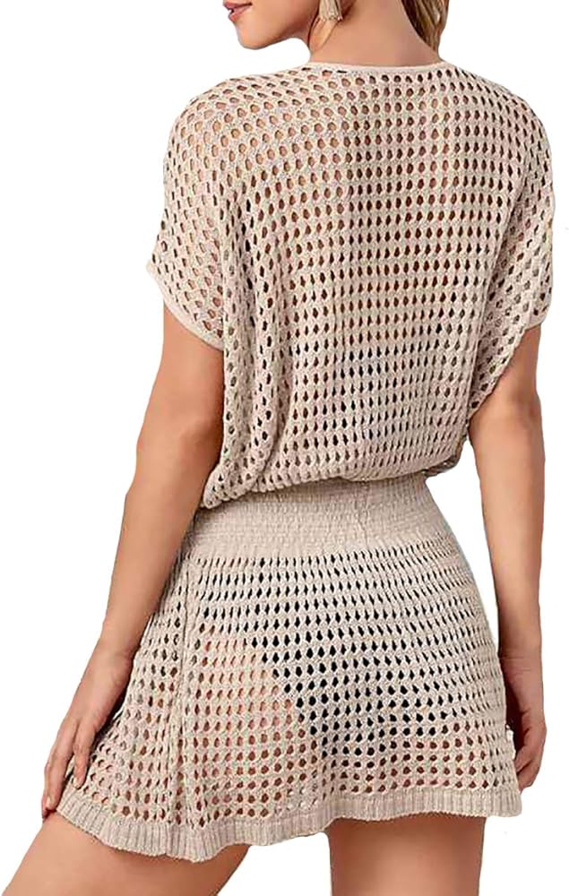 Women's Sexy Bikini Bathing Suit Cover Up Crochet Swim Top Mini Dress Beach Blouse (Apricot A)