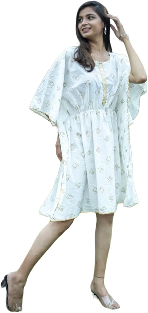 Indian Handmade Print Cotton Kaftan Tunic Top Women Girl Beach Coverup Dress Sleepwear Kimono Robe Free Size Multi