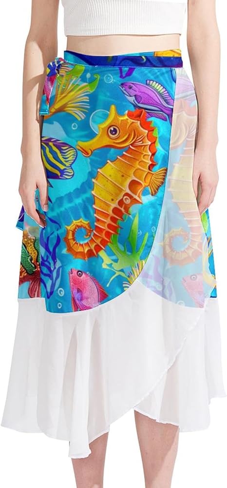 Beach Skirts for Women, Womens Beach Cover Up Sarong, Semi-Sheer Swimwear Cover Ups, Turtle Tropical Fish Coral Seahorse Cartoon