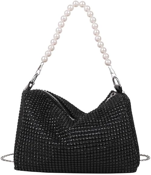 TOFBS Bolso Mujer Brillante Strass Monedero Elegante Clutch Diamantes Bolsos de Fiesta Mini Bolso Bandolera con Cadena de Perlas para Boda Exterior Cumpleaños Prom