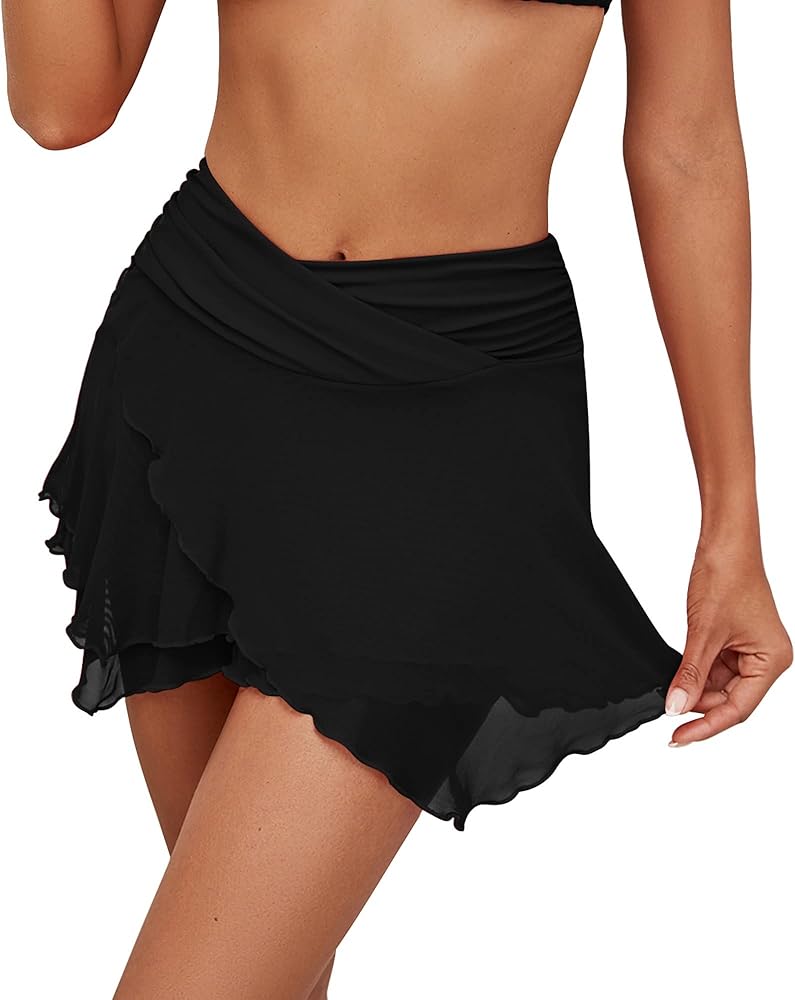 GRAPENT Swim Skirt Bottoms for Women Criss Cross High Waisted Bikini Bottom Layered Mesh Flowy Shorts Bathing Suit Skort