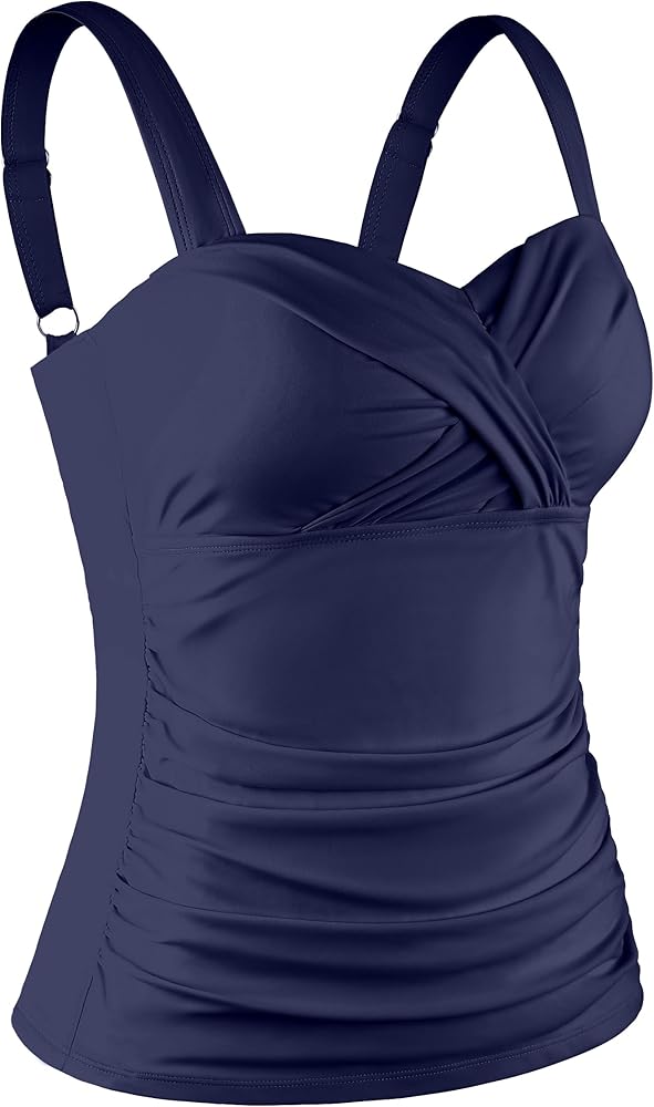 Ruched Tummy Control Bathing Suit Bandeau Swimsuit Twist Front Tankini Tops for Women Swimwear Top Only No Bottom