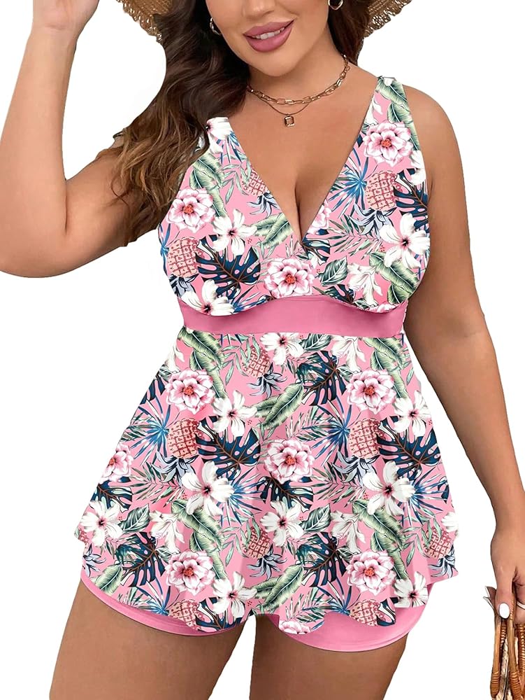 Floerns Women's Plus Size Tropical Print V Neck Boho Shorts Tankini Swimsuit