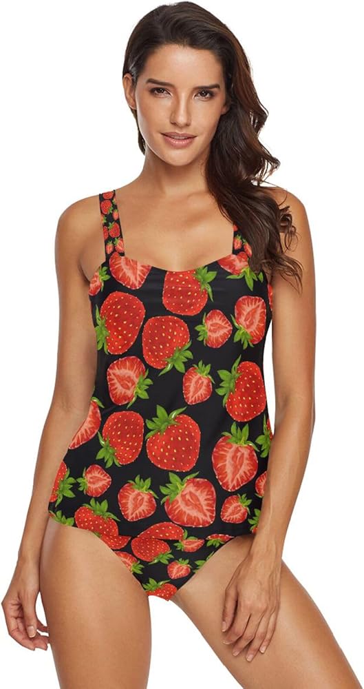 Strawberry Tankini Swimsuit for Women Tummy Control Two Piece Suit with Bikini Bottom,S