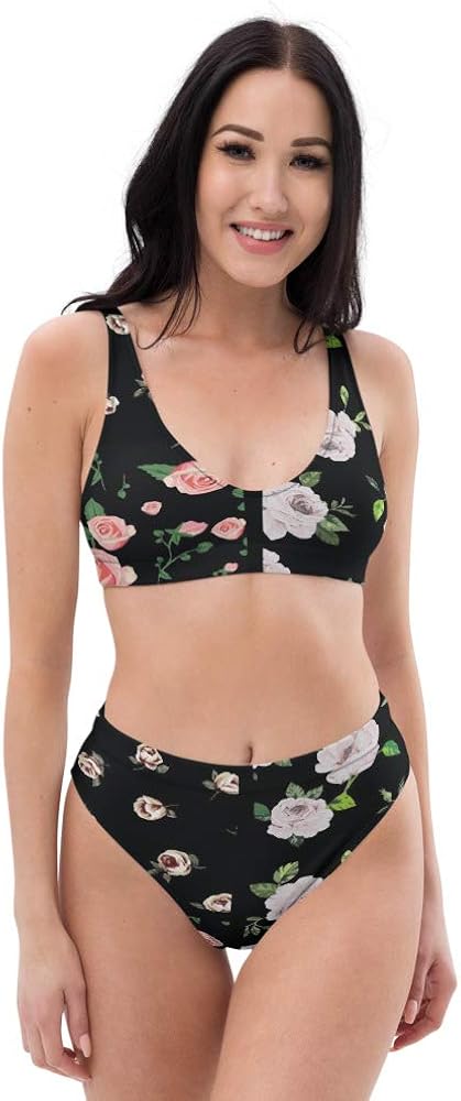 Recycled High Waisted Bikini for Women Tops Bottoms Swimsuit Bathing Suits Coal Jet Black Rose Floral Rink White