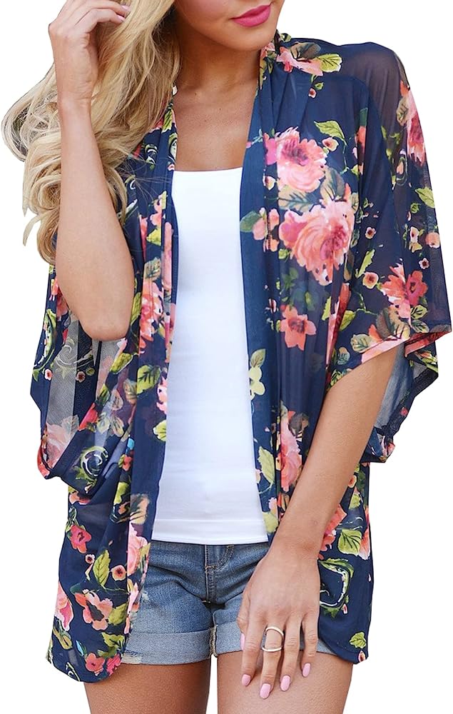 Chunoy Women Floral Print Lightweight Chiffon Kimono Cardigan Short Sleeve Loose Beach Wear Cover Up Blouse Top