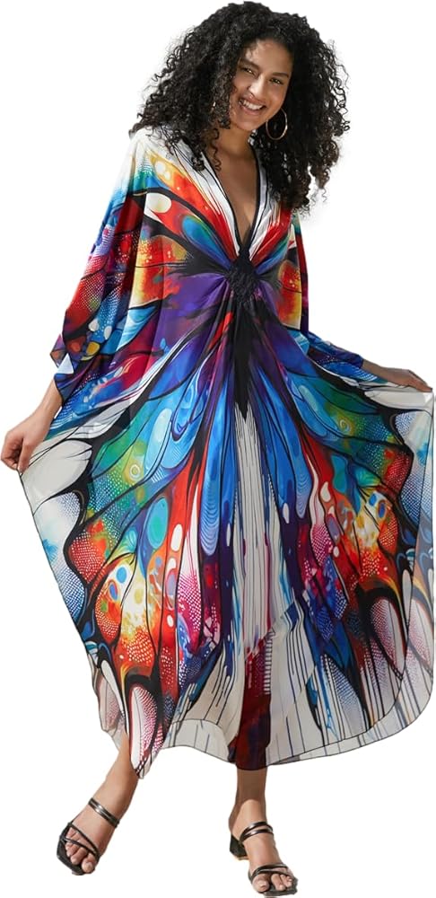 Wave Neck Swimsuit Cover Up Caftan Dress - Plus Size, Oversized, Long Beach Dress