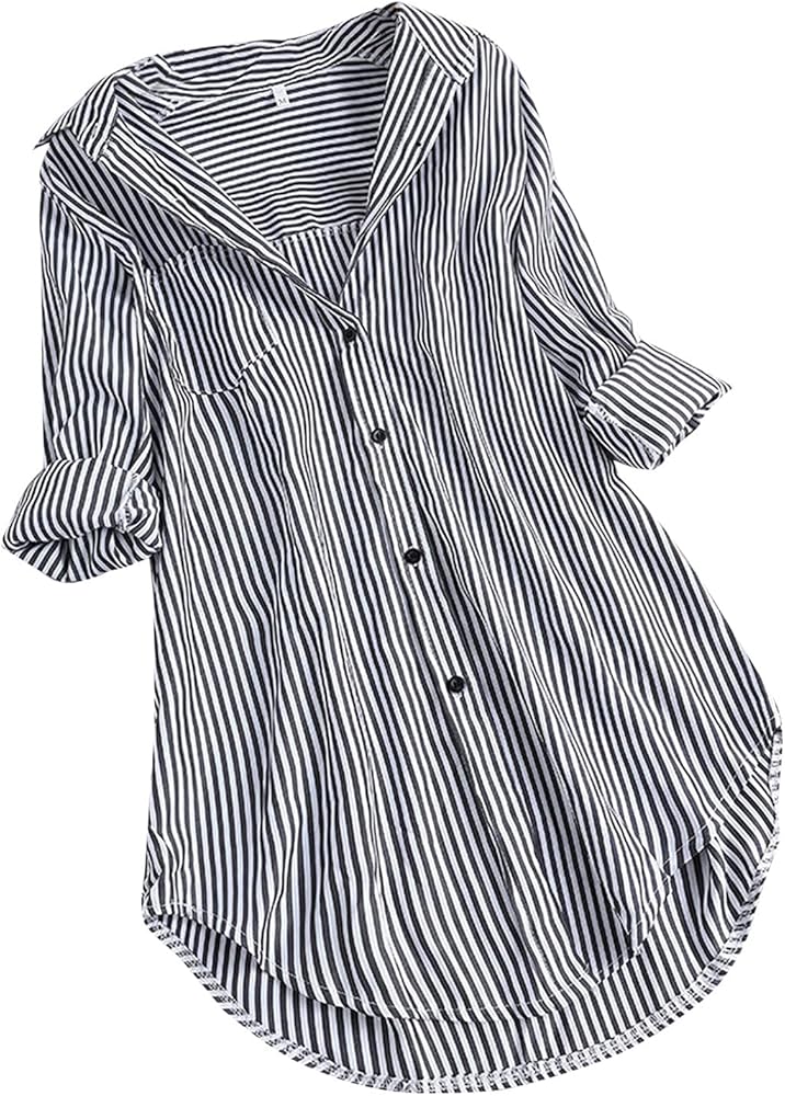 Women's Fall Summer Casual Stripe Cotton Linen Blouses Button Down High Low Shirts Dresses Long Sleeve Tops Curved Hem Tunics Beach Swimsuit Cover Ups with Pocket(Black XXL)